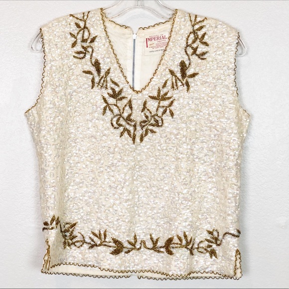 Vintage Tops - Vintage Sequined Top V-Neck Sleeveless Cream